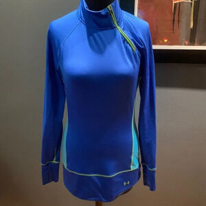 Under Armour blue/aqua color block diagonal 1/4 zip workout top, small. Fitted.